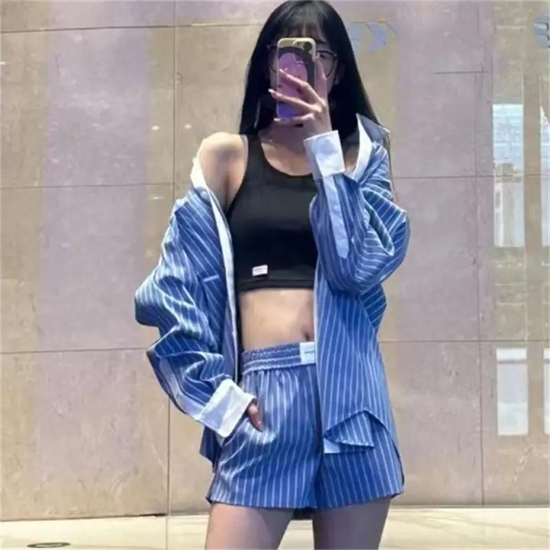 

Summer New Fashion Casual Loose Contrast Polo Shirt Elastic Waist Shorts Set Female