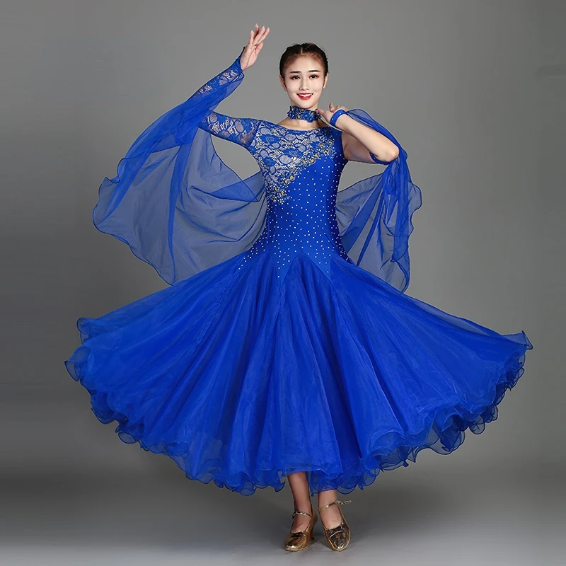Round Neck Diamond Gradient Women Ballroom Dance Competition Dress Waltz Dress Rumba Dance Costumes Ball Gown