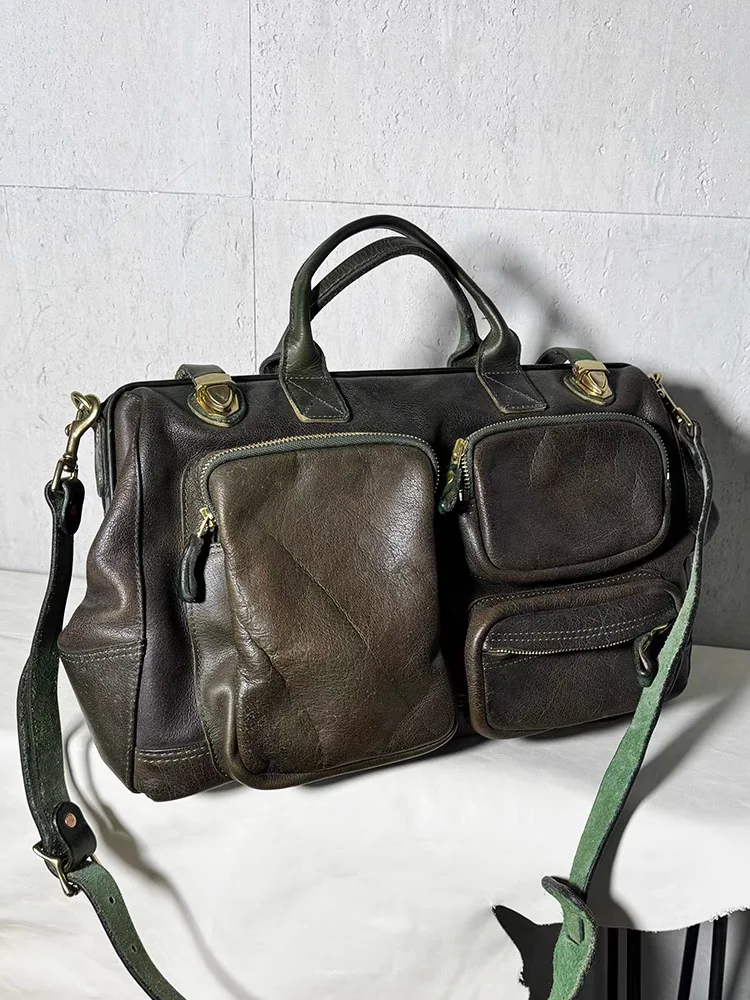 Casual Hand-made Genuine Leather Large-capacity Men's Travel Bag Fitness Multi-pocket Handbag Cow Leather Luggage