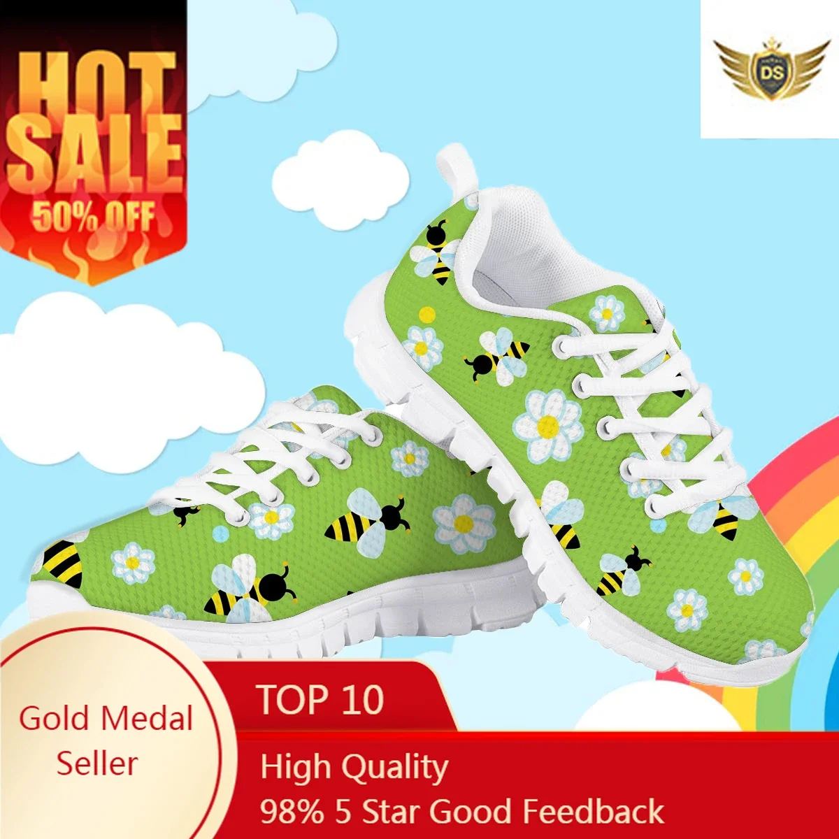 Cute Flower And Bee Cartoon Pattern Mesh Sneakers For Children  Teen Girls Boys Lightweight Flat Shoes Lace Up Sport Shoes