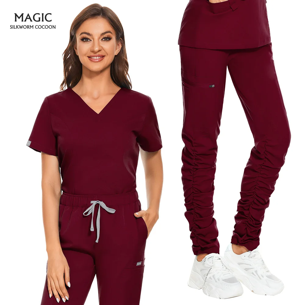 

Wholesale fashion style Scrubs Set for Women Pet Hospital Uniform Solid Color nursing Surgical Multiple Pockets V-neck workwear