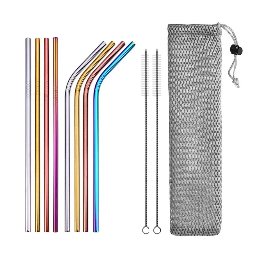 UPORS Reusable Metal Drinking Straws Set with Cleaning Brush and Pouch