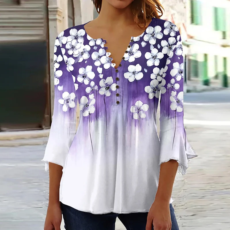

Women's Shirt Blouse Floral Button Print 3/4 Length Sleeve Shirt Casual Holiday Basic Round Neck Regular Floral Office Top