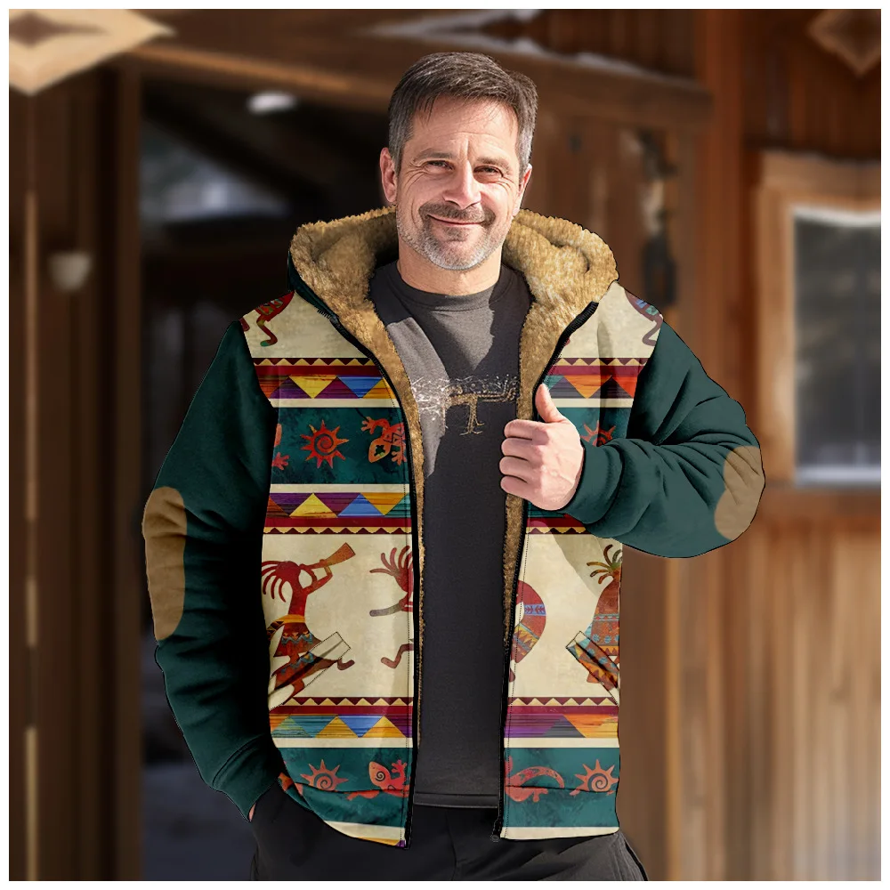 New multi color patterned hooded sweater with casual print long sleeved zippered sweater thick cotton jacket for winter