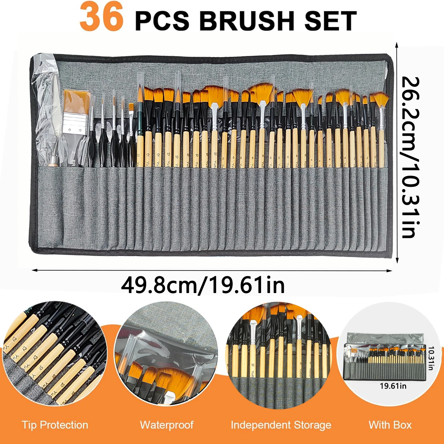 팔레트 나이프 및 천 롤이 포함된 36PCS 전문가용 페인트 브러시 세트, 아크릴/유화/수채화/구아슈용 나무 색상 브러시