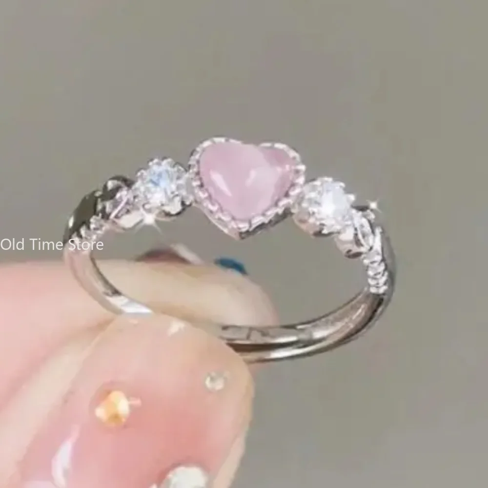 Pink Love Heart Crystal Rings For Women Kpop Love Zircon Open Ring Irregular Aesthetic girl Rings Jewelry
