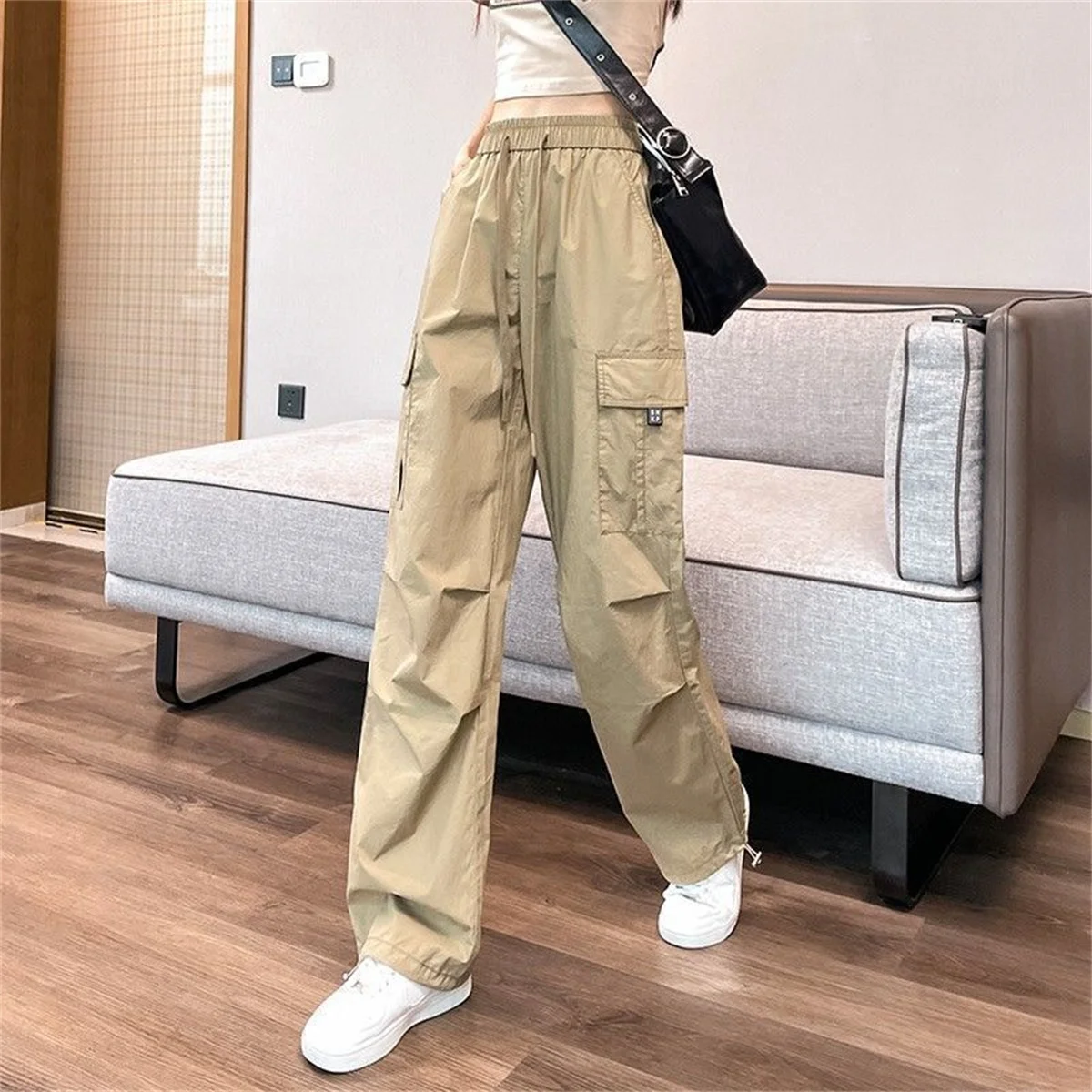 Green Women Tech Pants Drawstring Black Low Waist Wide Leg Trousers Oversized Sweatpant Baggy Joggers Streetwear Cargo Pant 4