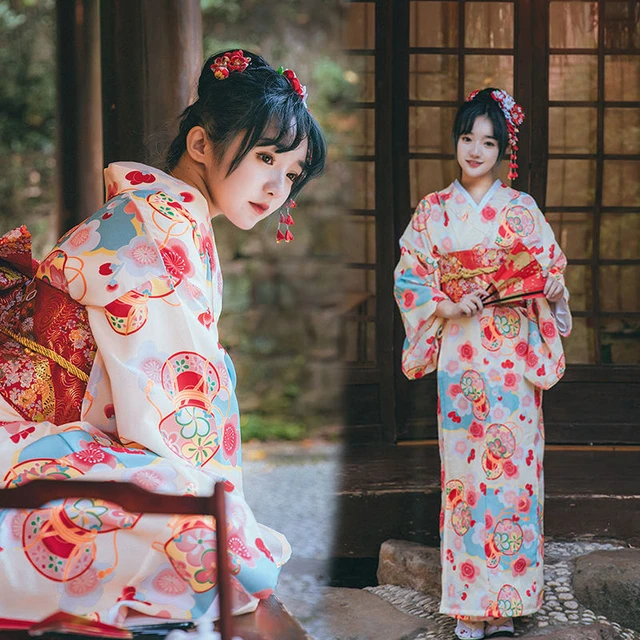 Japanese Traditional Yukata Kimono Female Geisha Kimono Vintage Flower Suit