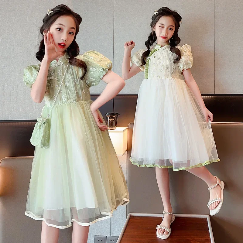 

Chinese Style Cheongsam Dresses for Girls 4 7 8 9 11 12 14 Years Old Children Formal Clothes Embroidery Dress With Bag Free