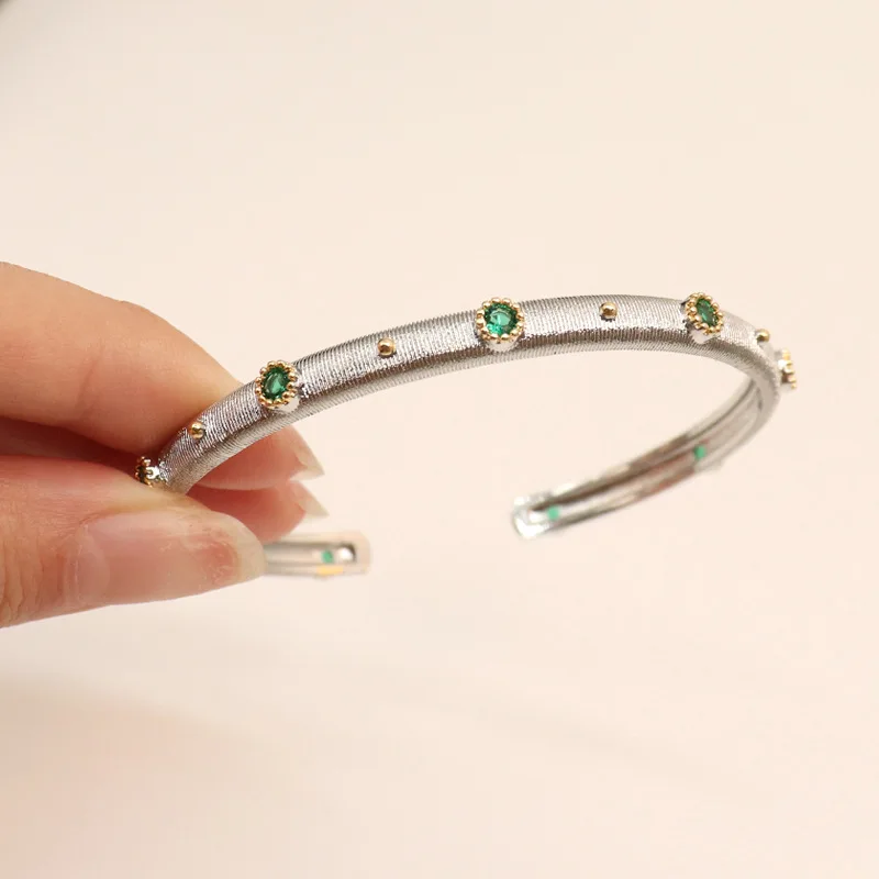 Famous Italian Craft 925 Sterling Silver Gems Emerald Ruby Sapphire Cuff Wristband Bangle Gold Luxury Italian Designer Jewelry