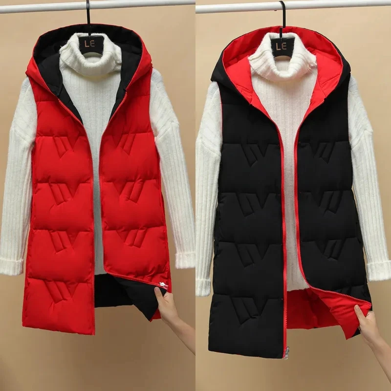 2024 New Double-sided Vest Women's Winter Hooded Waistcoat Korean Autumn Winter Down Cotton Vest Thicken Sleeveless Jacket