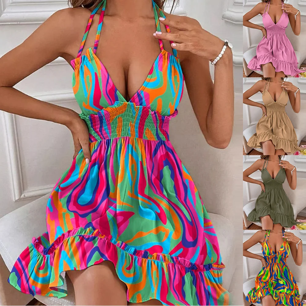 

Women V Neck Sleeveless Ruffles Dress Causual Mini Boho Dress Printed Beach Sundress Oversized Loose 2023 Summer Dress Ladies