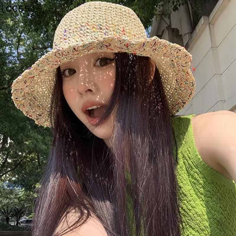 Handwoven Rainbow Straw Hats Women Korean Summer Breathable Fisherman Caps Wide Brim Girl Beach Cap〔CC55〕
