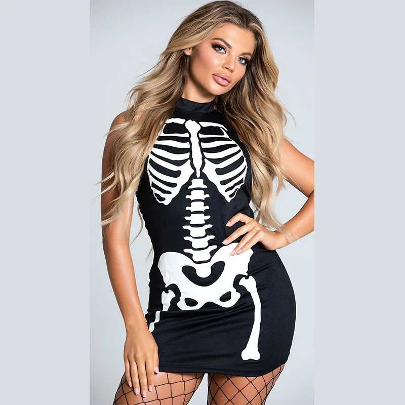 

New Cotton Pullover European Slim Fit Sexy Dress With Black Skull Head Print