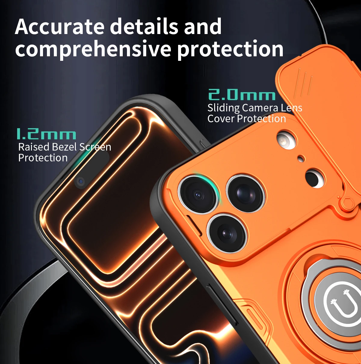 Shockproof Armor Ring Stand Phone Case with Power Slide Camera Lens Protection