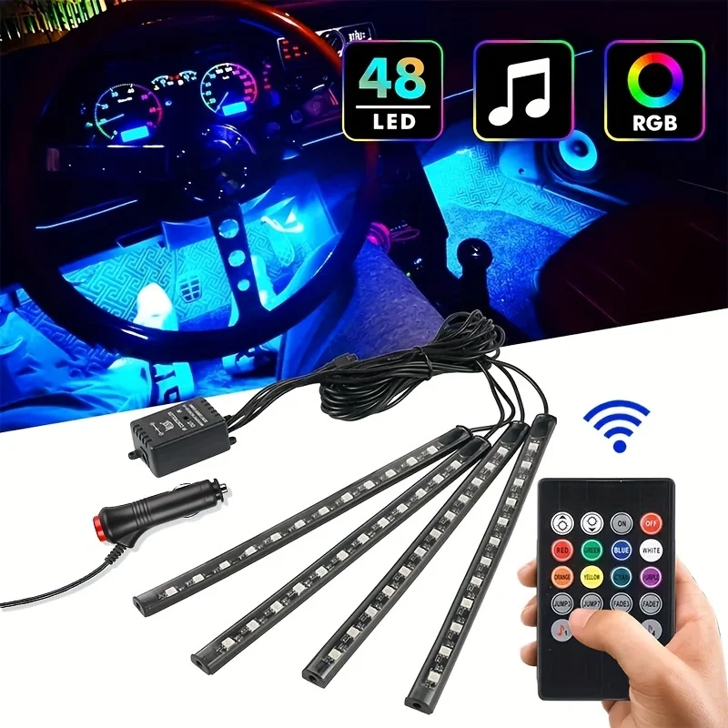 자동차 주변 조명 인테리어 네온 조명, 72 LED 스마트 음악 동기화, 대시 조명, 범용 자동차에 적합, 동적 효과, 4 개