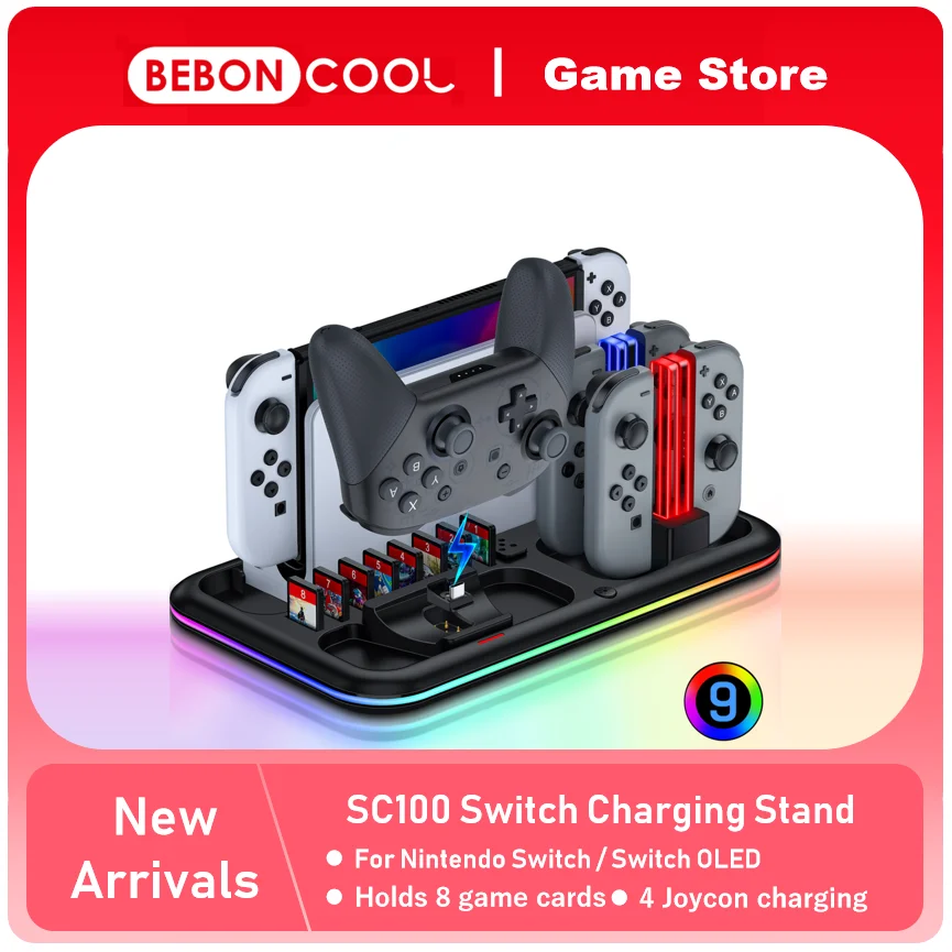 BEBONCOOL SC100 RGB 충전 도킹 스테이션 Nintendo 스위치/스위치 OLED Joycon/Pro 컨트롤러 충전기 게임 카드 보관