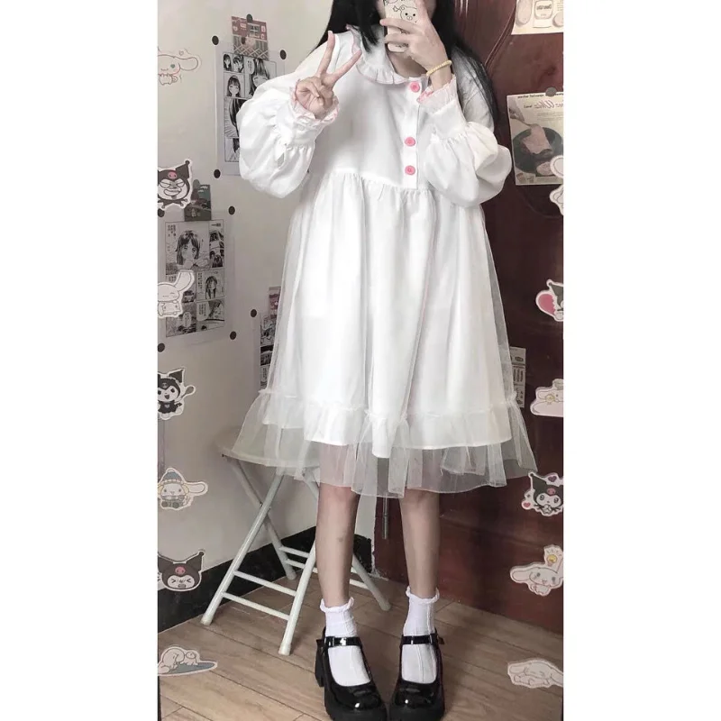 HOUZHOU White Kawaii Lolita Dress Women Long Sleeve Chiffon Patchwork Midi Dresses Japanese Sweat Girls Robe Preppy Style Outfit red dress Dresses