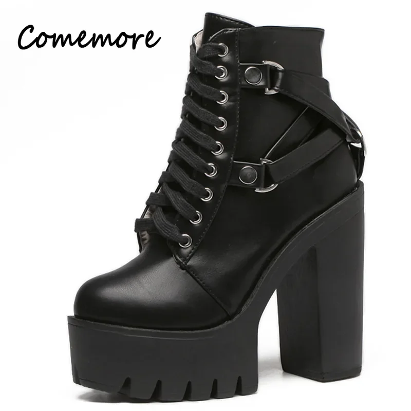 

Женские ботинки со шнуровкой Comemore, черные ботинки из мягкой кожи на платформе и высоком каблуке, ботильоны в стиле панк, весна-осень
