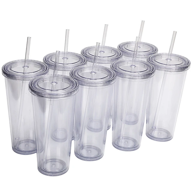 double wall reusable 700ml 710ml 24oz transparent clear plastic cup cold  cup plastic tumbler with straw and lid