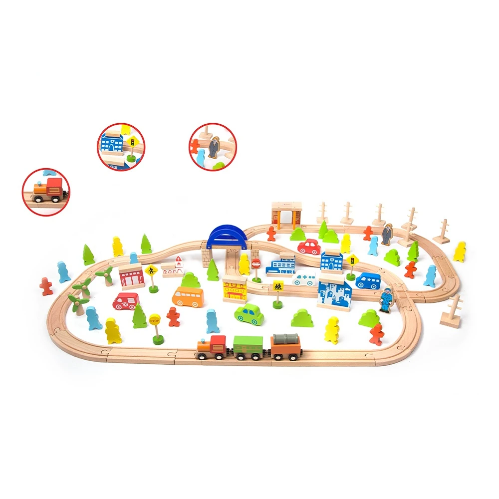 

Wooden Pretend Play Boys toys Slot Track Toy 110pcs Train Set