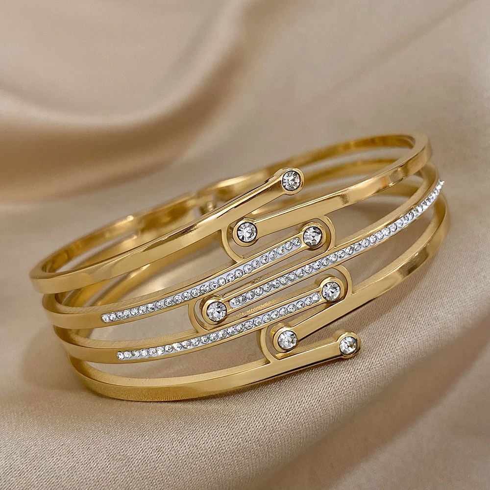 Bracelet Bangle Carré Alliage Doré Et Strass - Taille Poignet 17/18 Cm