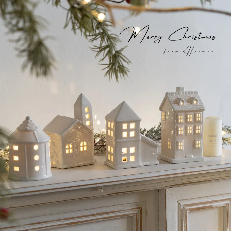 White Porcelain Christmas LED Lighted White Houses Decor Miniature Christmas Village Houses Snowflake Glowing Castle