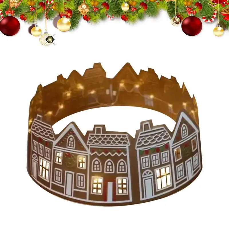 Christmas Tree Collar Gingerbread House Tree Skirt Collar with LED Lights Xmas Tree Base Cover for Holiday Home Decor