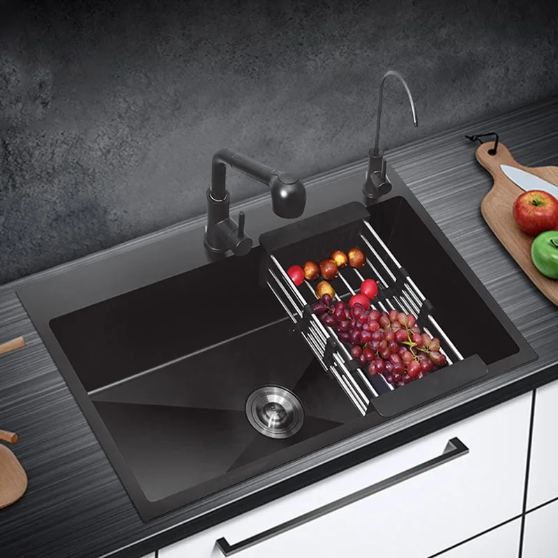 Washbasin Single-slot Large Kitchen Washbasin Handmade Black 304 Nano Stainless Steel Sink Home