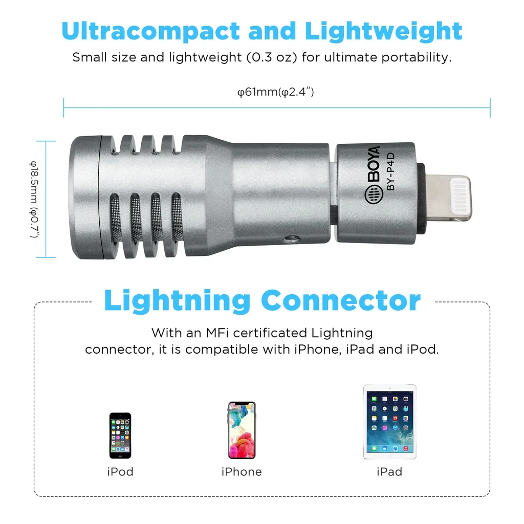BOYA BY-P4D Mini Plug and Play Portable Condenser Microphone for iphone 13 14 ipad iOS Devices Youtube Live Video Recording Vlog