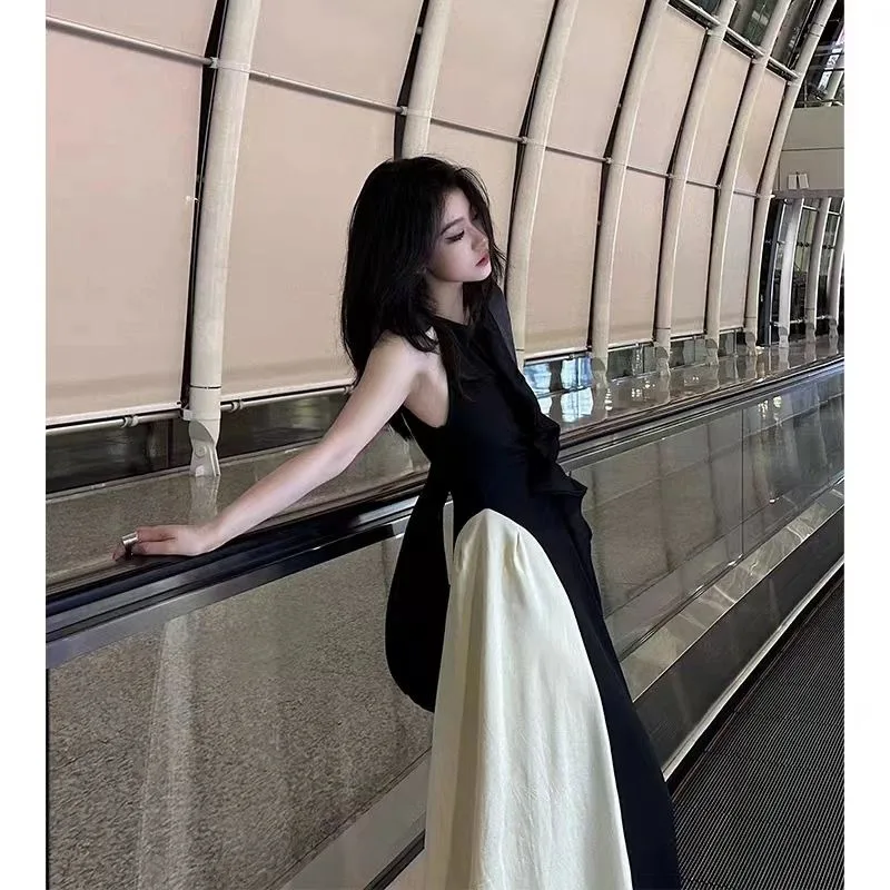 

French Fashion Patchwork Color Contrast Design Sense Dress for Women's Summer 2024 New Mid Length Dresses Female Clothing