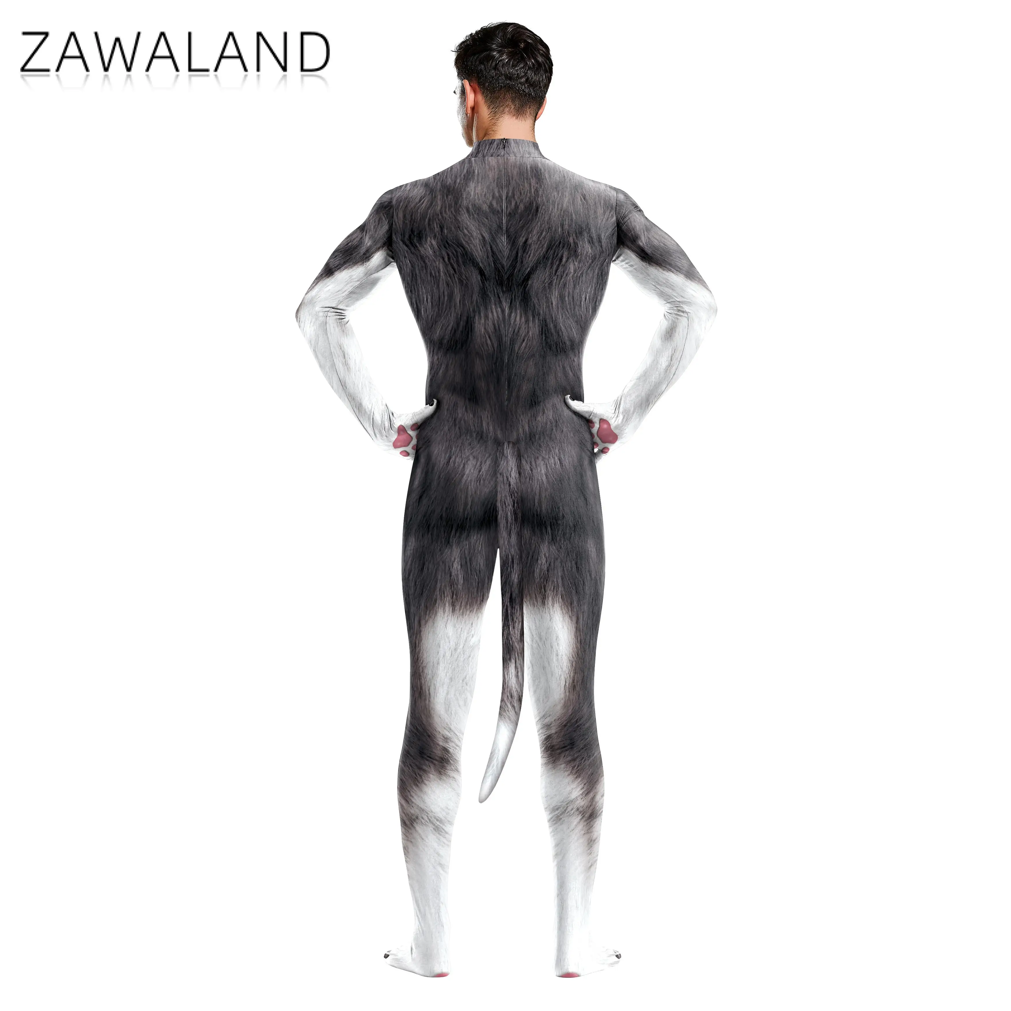 Zawaland Unisex Sexy Slim Cosplay Costume Snow Wolf Set Animal 3D Printing Zentai Jumpuit Full Bodysuit with Tail Party Playsuit cosplay costume sexy fetish wear