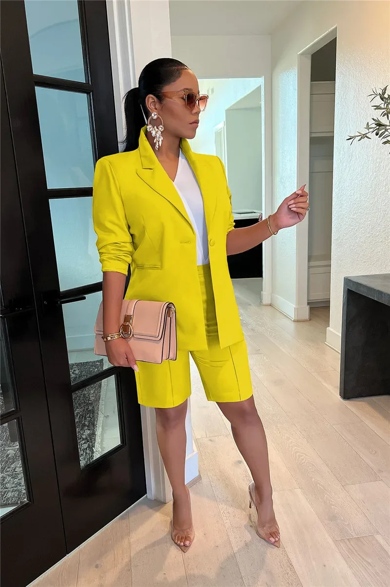 thumbnail image 1 of Conjunto de dos piezas liso e informal para mujer, conjuntos a juego, chaqueta de manga larga, abrigo y pantalones cortos, trajes de negocios elegantes para mujer de oficina, 1 of 5