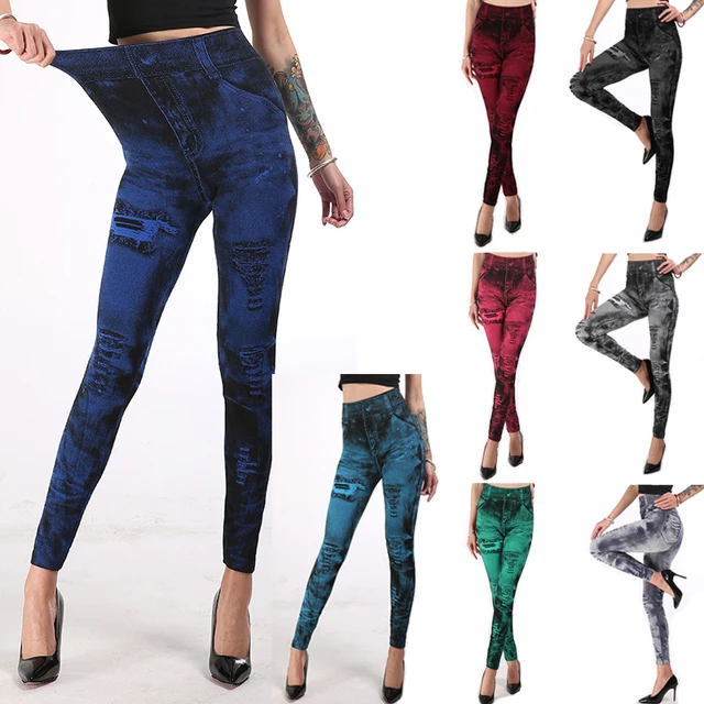 Women Jeggings Faux Denim Jeans Leggings High Waisted Tummy Control Slim  Leggins Printed Pencil Pants Seamless Skinny Trousers