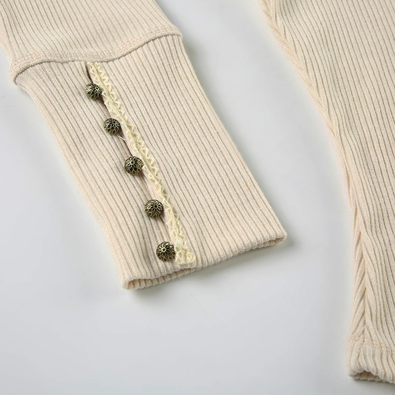 Camisetas básicas de punto con encaje y botones elegantes y retro para mujer, de manga larga, exquisitas y ajustadas, para otoño.