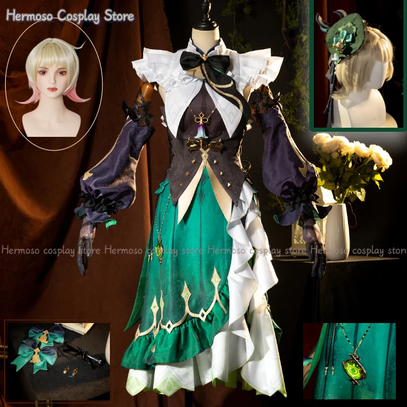 

Perfumer Emilie Cosplay Costume Wig Genshin Impact Sweet Lovely Game Suit Uniform Dress Set Halloween Party Outfit for Women
