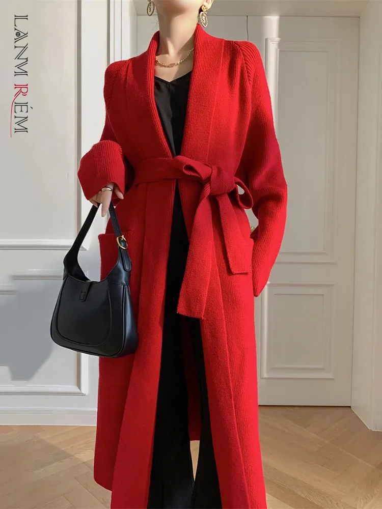 

[LANMREM] Elegant Belt Design Knitting Sweater Coat For Women Solid Long Sleeve Office Female Outwear 2023 Winter New 26D5218