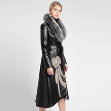

2021 High Quality Luxury Leather Fur Down Jacket Women's Long Slim Fit Detachable Fox Fur Collar Top Layer Sheepskin Down Coat