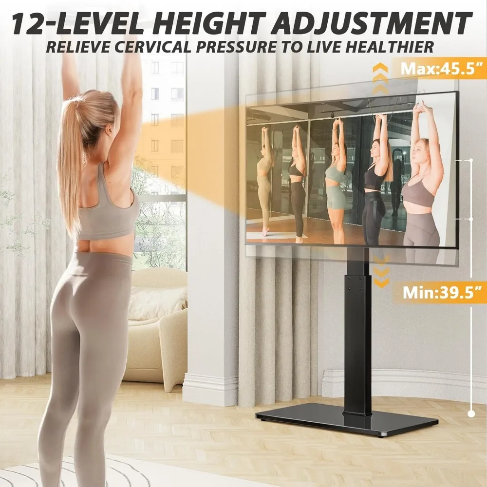 Universal Floor TV Stand,Base for 32-74 Inch TVs with Swivel Height Adjustable Mount,Tempered Glass Base,Space Saving 3
