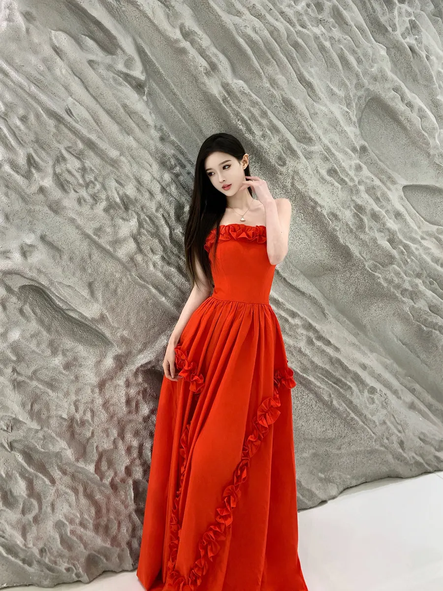 

Light Wedding Dress No.15 Chinese Retro Niche Morning Dress Engagement Toast Wear Red Tubeless Dress