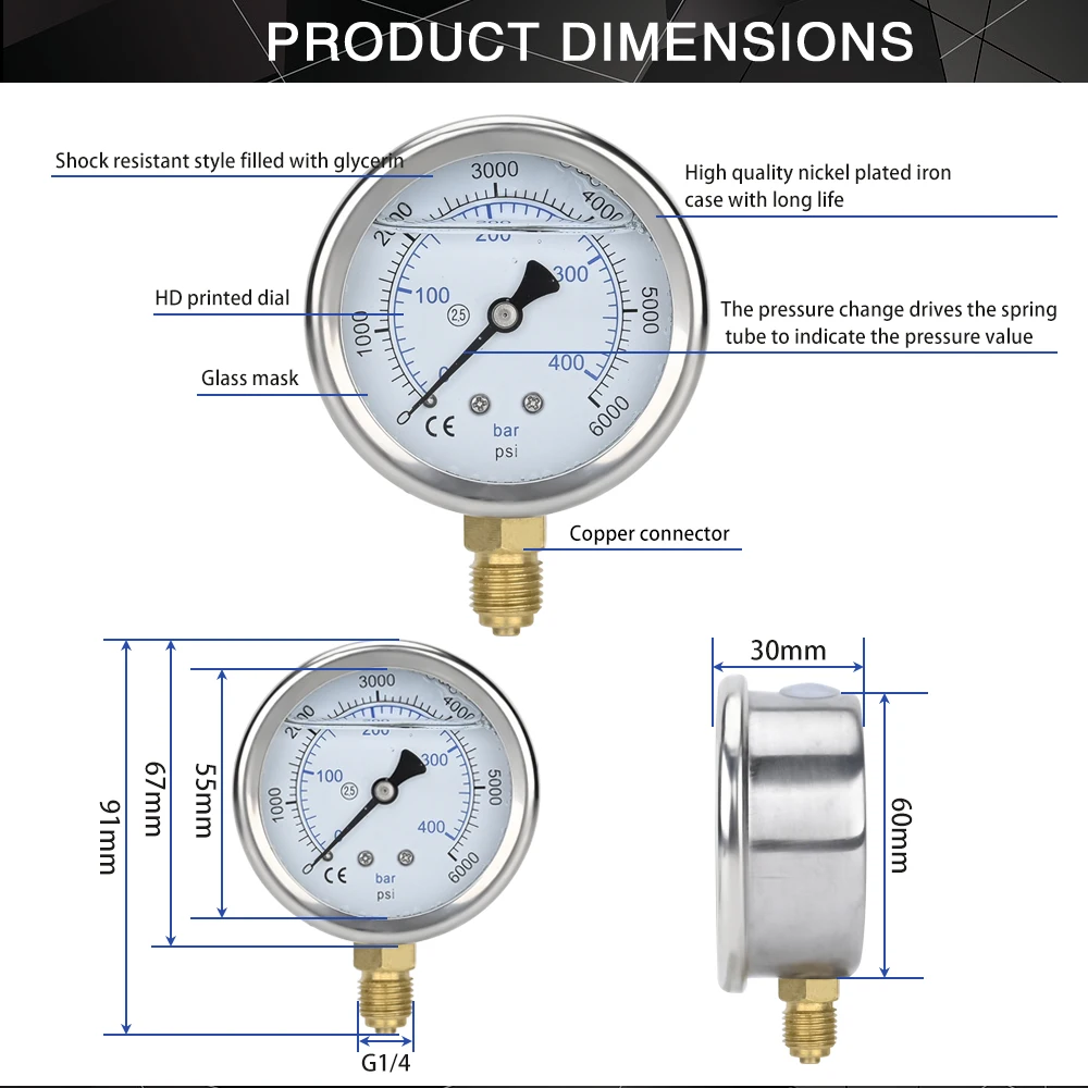 High Pressure Washer Pressure Gauge High Pressure Pump Gauge with G1/4\