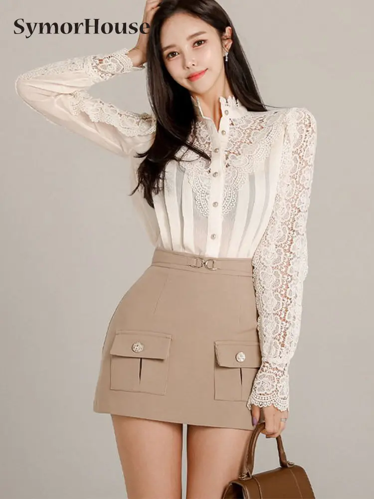 

Spring Autumn Skirt Suit Women Elegant Korean Fashion Lace Shirts Tops + Sheath Pencil Mini Skirt Simple Casual 2-Pieces Sets