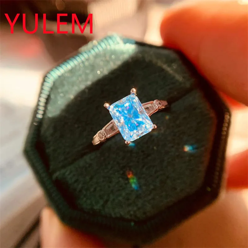 

YULEM Radiant Cut Blue Moissanite Ring for Women Silver 925 VVS1 Diamond Ring for Engagement Christmas Gifts