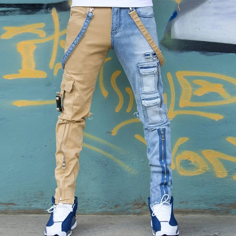 2023 New Khaki Denim Blue Personalized Color-blocking Washed Jeans Men's Straight Pants Zipper Tooling