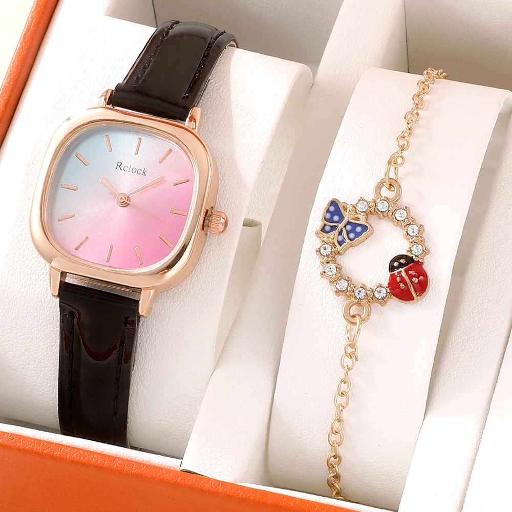 

Fashion Women's Square Watch Simple Leather Quartz Casual Watch With Butterfly Diamond Bracelet Gift relogio reloj mujer