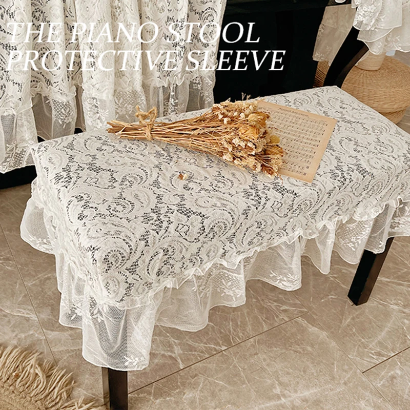 French Piano Case Chair Cover Cloth Set White Lace Electronic Piano Full Cover Elegant Floral Pastoral Upright Dust
