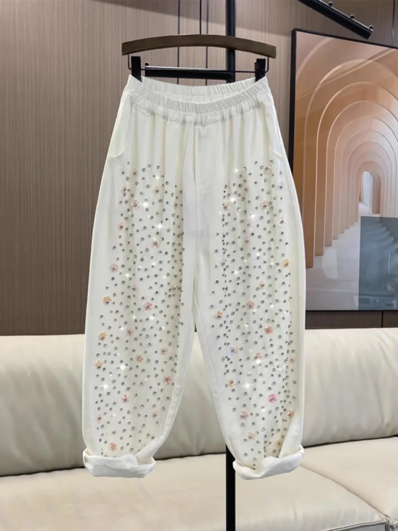 Heavy-Duty Beaded Sequined Colored Jeans Women's 2024 Spring Summer New Elastic Waist Loose Straight Personality Casual Trousers