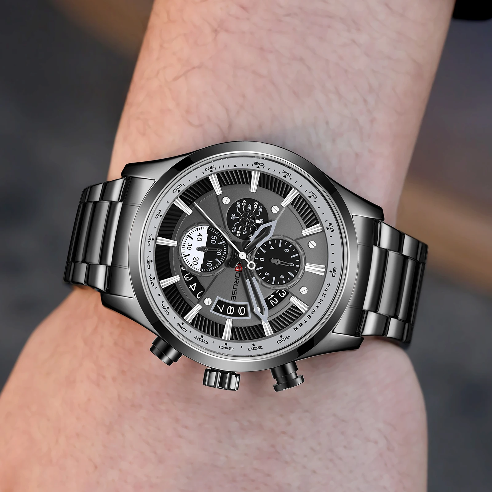 BORUSE Men Watches Waterproof Chronos Black Stainless Steel Band Luxury High Quality Fashion Brand Wristwatches Business Sport