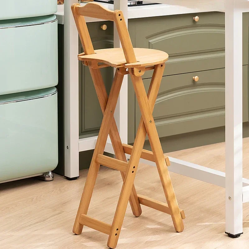 Bamboo Foldable Bar Chair Sturdy Portable Space Saving High Counter Stool with Backrest Dining Coffee Shop Nordic Furniture