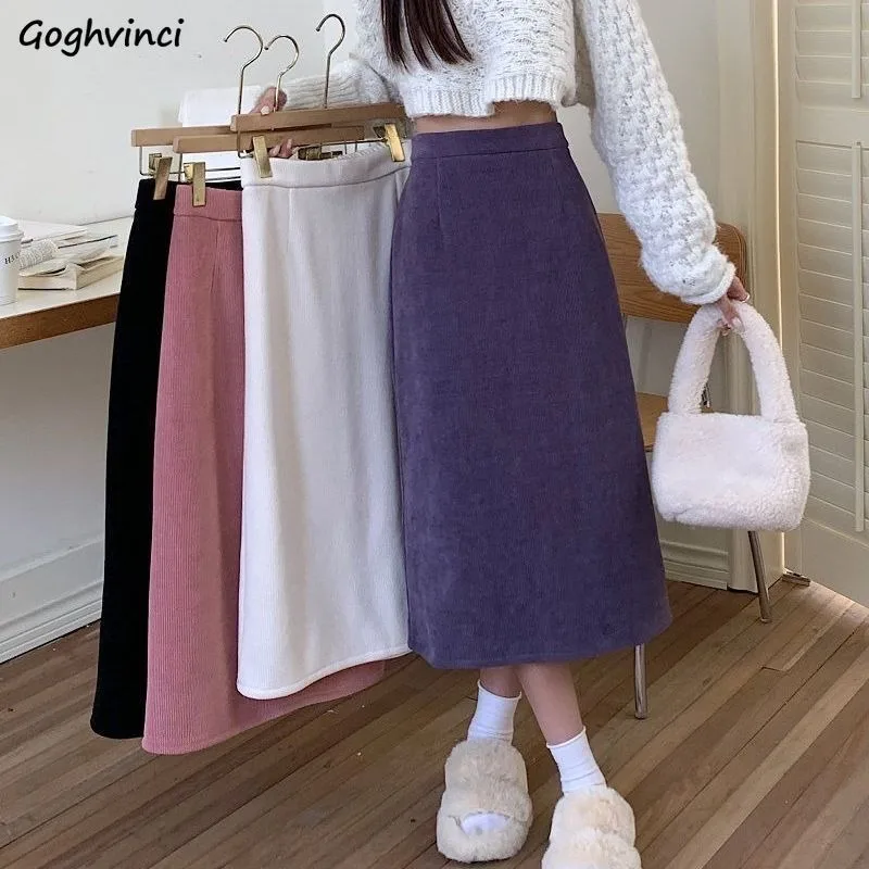 

Midi Corduroy Skirts Women Plus Velvet Thickening Autumn Winter Korean High Waist Side-slit Solid Color Warm Casual Skirt A-line